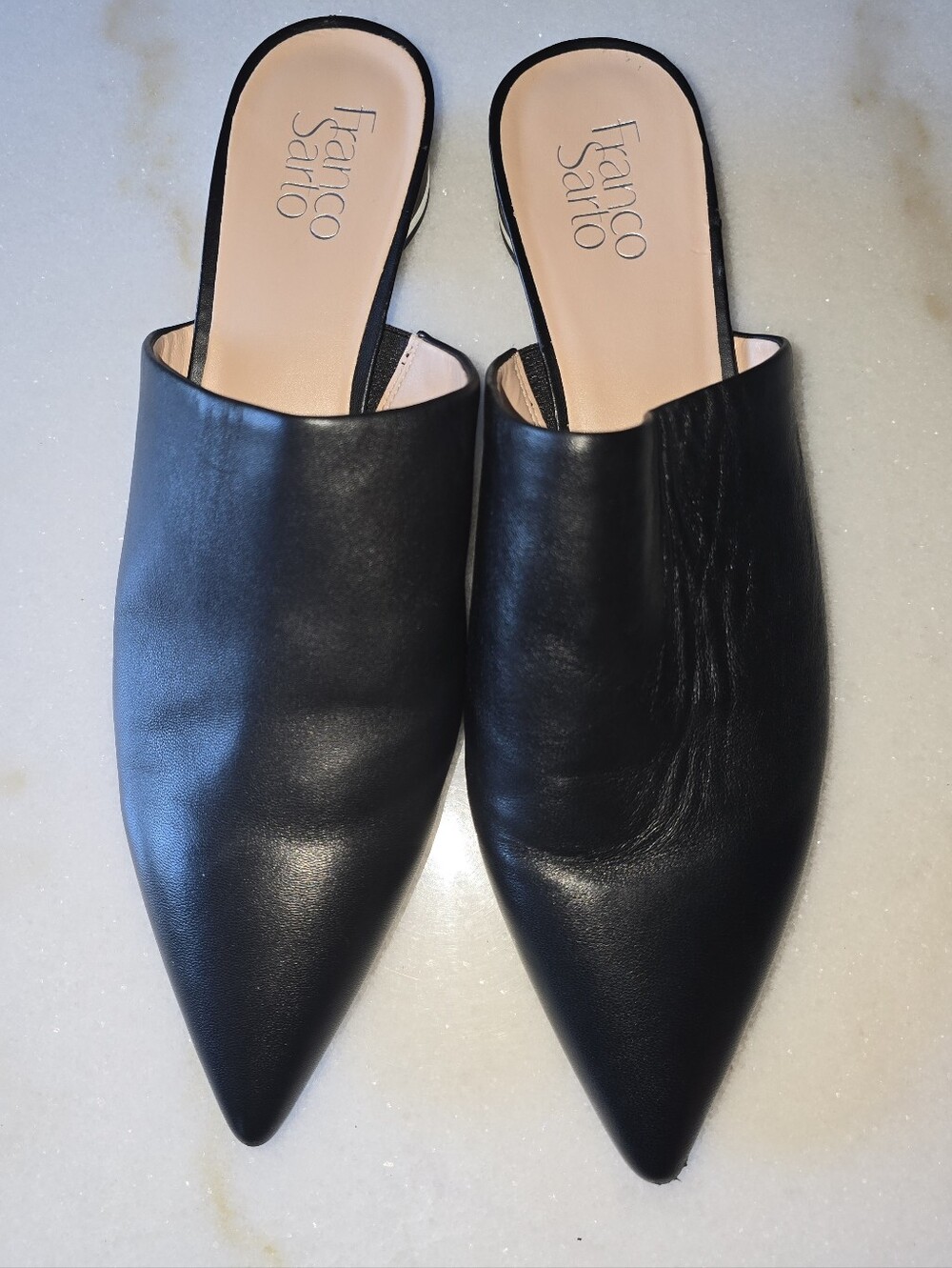 Franco Sarto Viola Black Leather Pointed Toe Mule Chunky Low Heels Woman Size 11